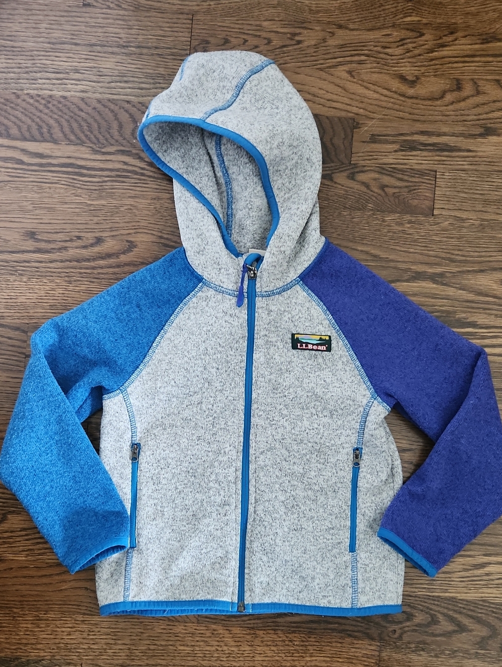 L.L. Bean Colorblock Hooded Fleece Jacket in Heather Gray, Blue & Purple